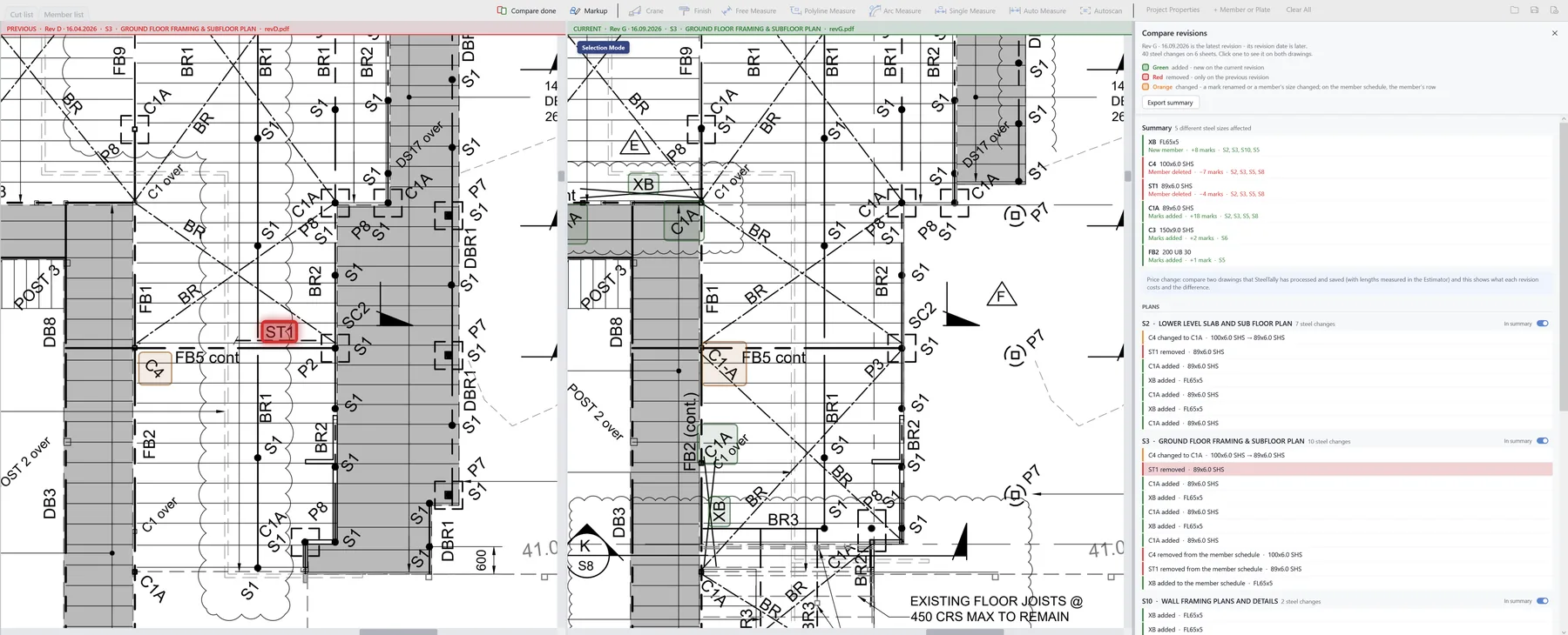 Two drawing revisions side by side with the steel changes listed and highlighted