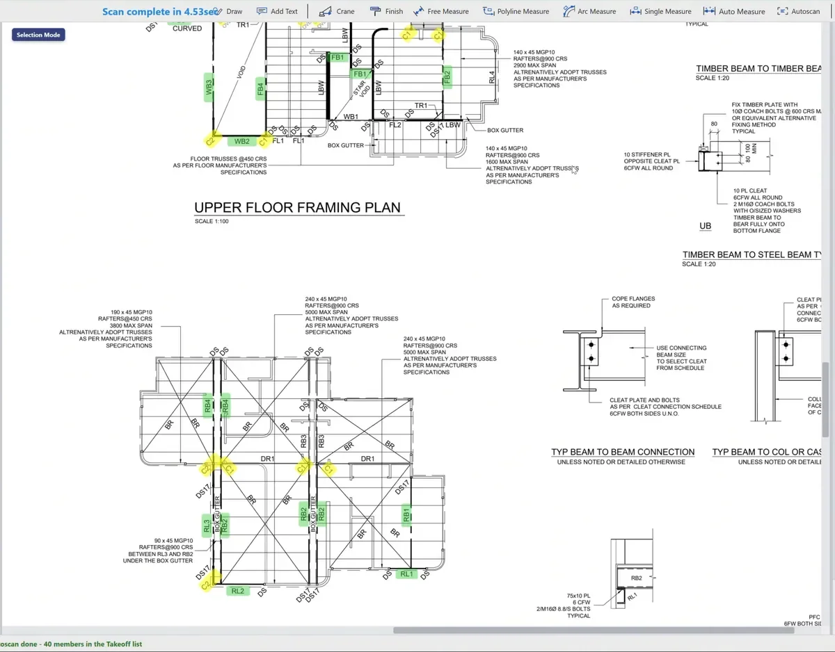 Autoscan has found and highlighted every steel member on a framing plan