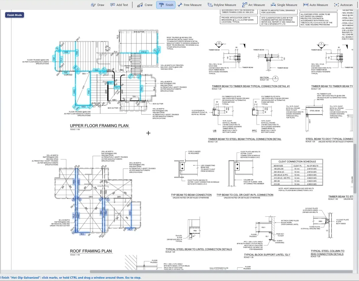 Galvanised members shown in cyan on the framing plan
