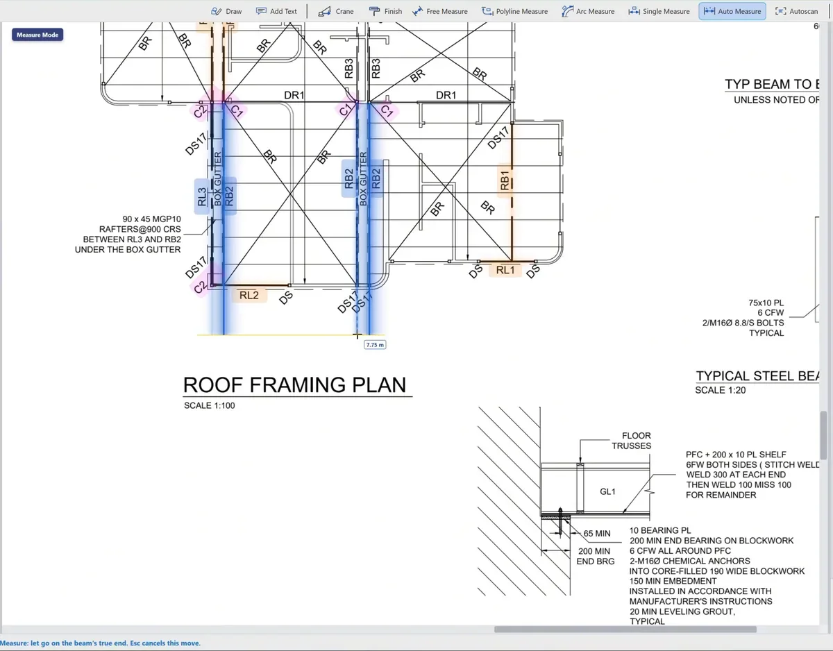 Beam lengths measured in blue on a roof framing plan